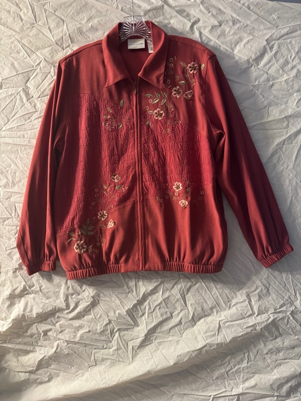 Cottagecore Floral-Embroidered Zip Bomber Jacket in Rust